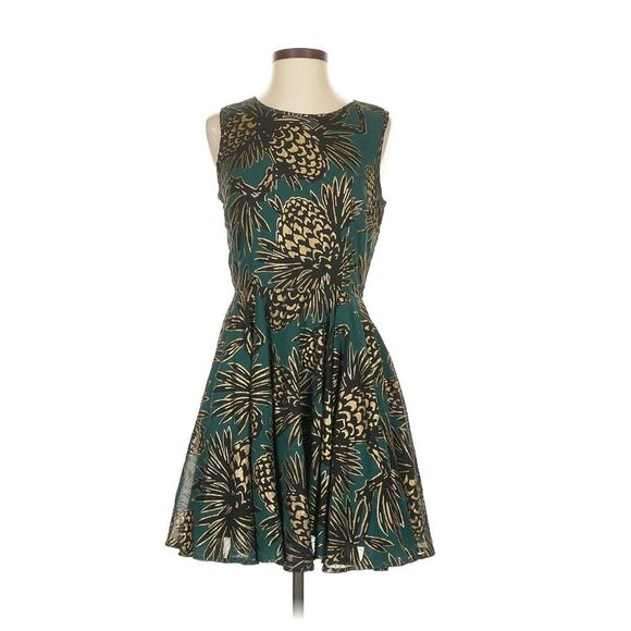 NWT Maison Jules Fit Flare S Dress Gold Pineapple Print Green Teal Retro Girly - Picture 1 of 10